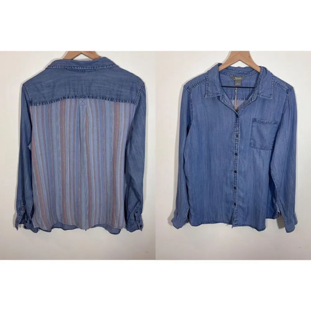 Natural Reflections Chambray Button Down Stripe Back Top Size Large NEW